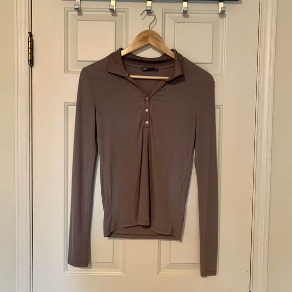 Zara Long Sleeve Taupe Polo - Picture 1 of 6